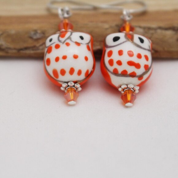 Orange Hand Painted Beaded Owl Earrings - Handmade & Hypoallergenic - Picture 5 of 7